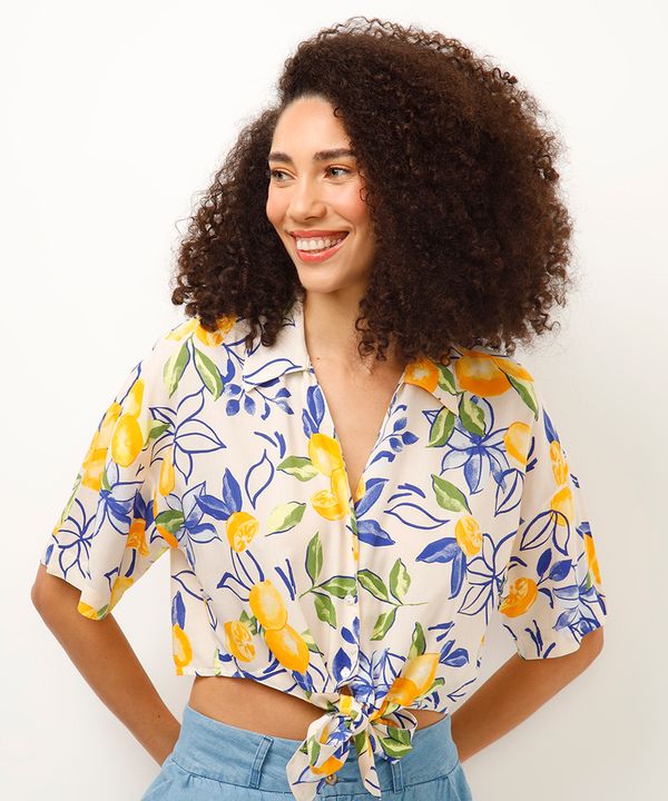 camisa de viscose com amarração floral amarela G