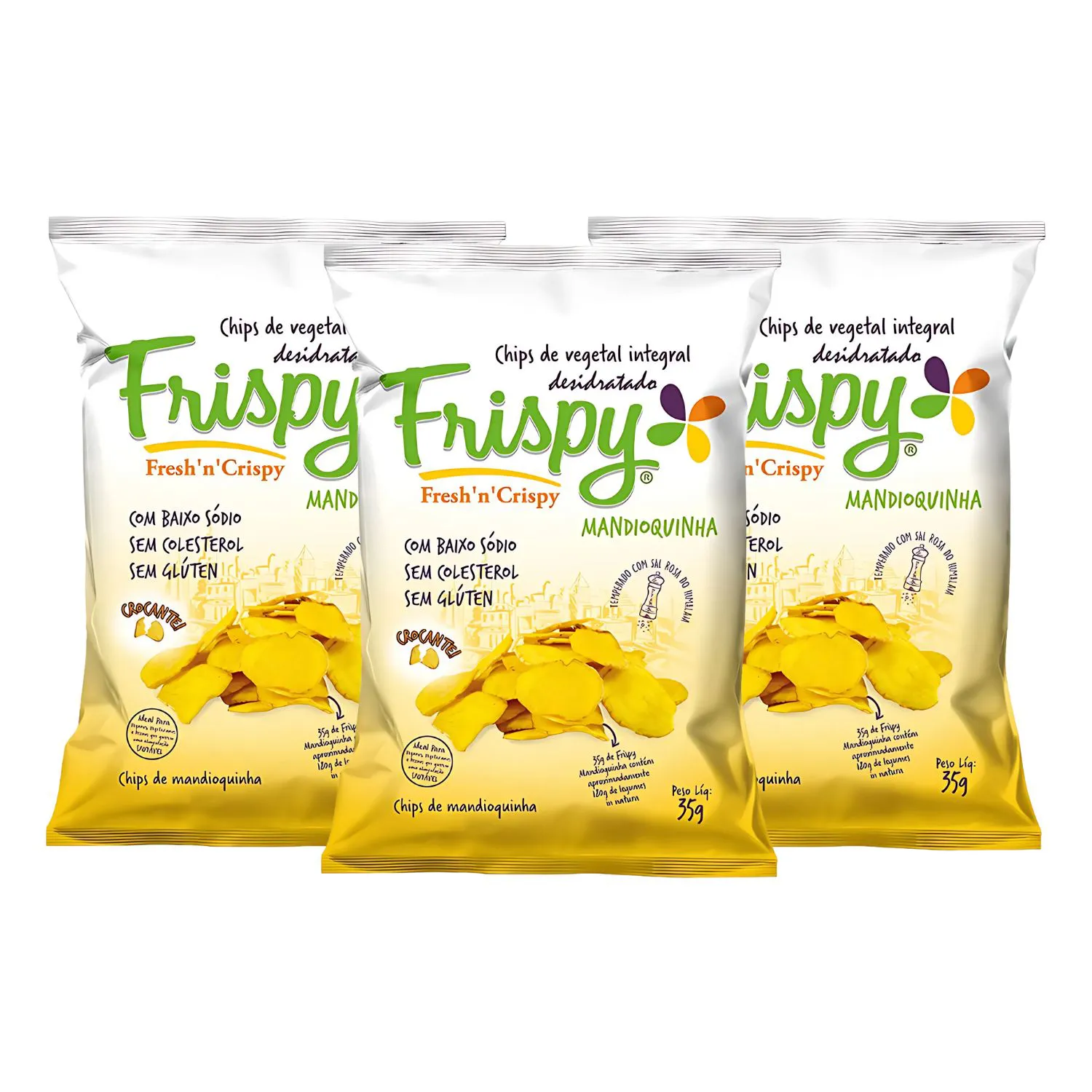 Chips de Mandioquinha Vegano, Sem Glúten Frispy contendo 3 pacotes de 35g cada