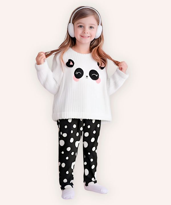 pijama longo infantil de pelúcia panda e poá off white 2