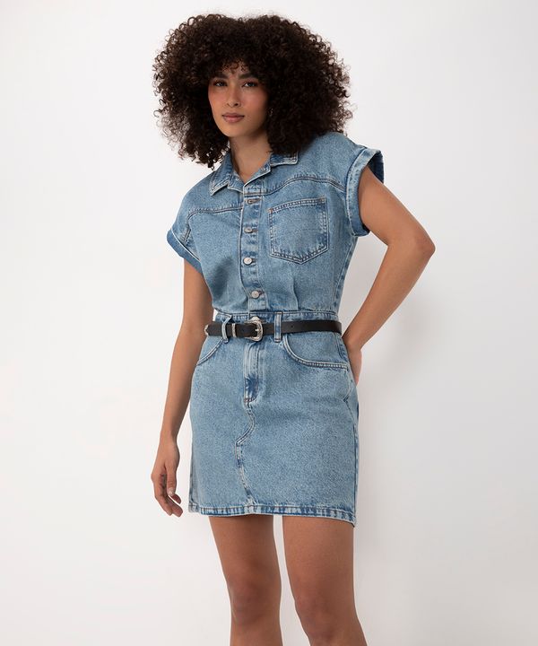vestido jeans curto manga curta japonesa azul médio M