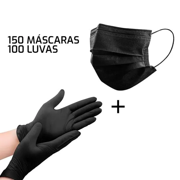 Kit 150 Máscaras Descartáveis TNT + 100 Luvas Nitrilo Preto M