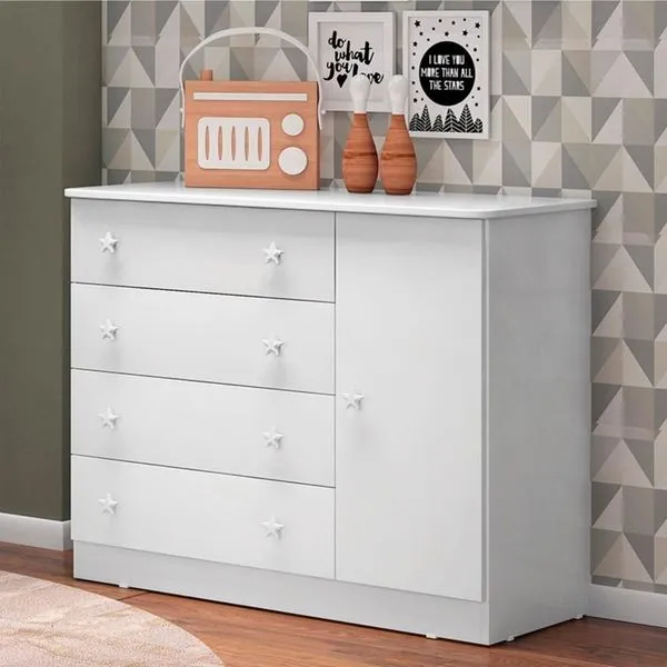 Cômoda Sapateira Antigua 4 Gavetas em MDF Branco com Porta e Prateleira para Quarto Cômoda Sapateira Branco (2561.5)