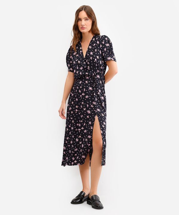 vestido midi feminino de viscose floral com fenda preto P