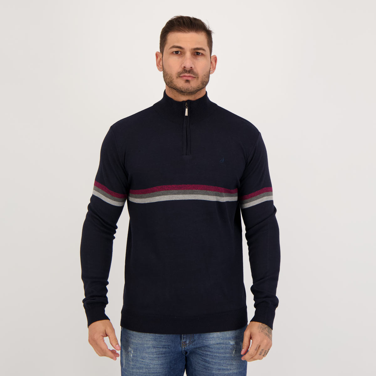 Suéter John Sailor Striped Half Zipper Marinho