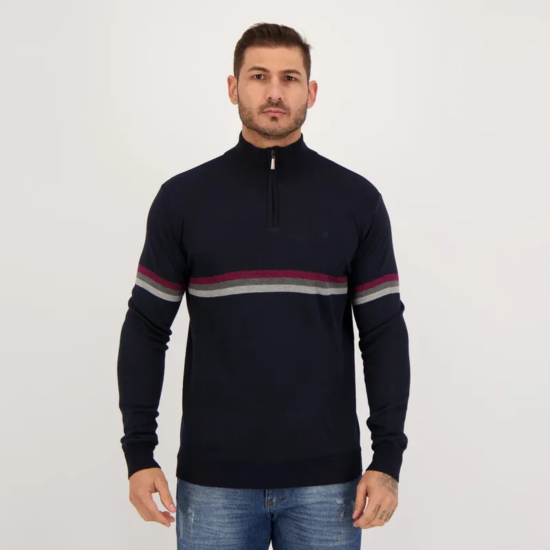 Suéter John Sailor Striped Half Zipper Marinho