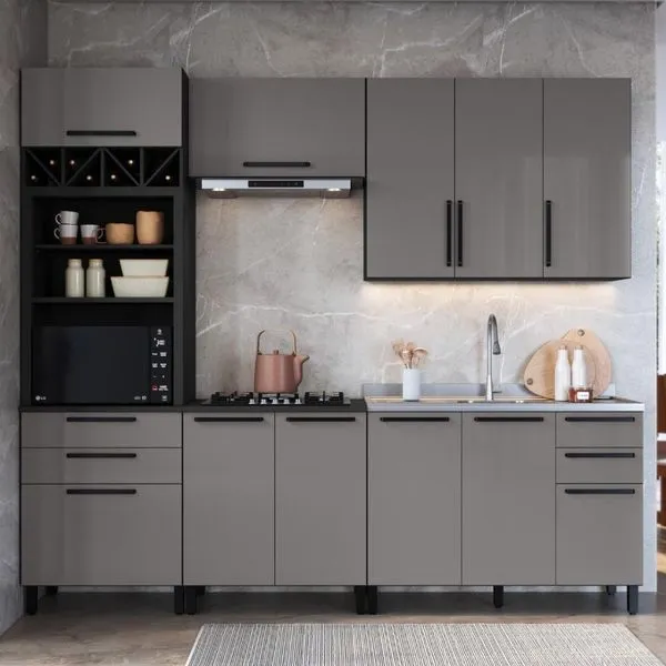 Cozinha Modulada Completa Fidelitá Mônaco 5 Peças 270cm 11 Portas 4 Gavetas Sem Tampo Chumbo/titânio