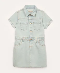 vestido jeans infantil com bolsos manga curta azul claro 4