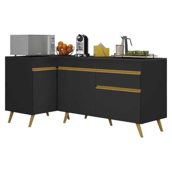 Kit Armário De Cozinha Balcão Canto 90cm E Gabinete Pia 120cm Veneza Multimóveis Mp2157 Preto/dourado Preto/dourado