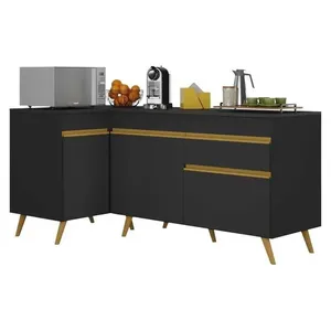 Kit Armário De Cozinha Balcão Canto 90cm E Gabinete Pia 120cm Veneza Multimóveis Mp2157 Preto/dourado Preto/dourado