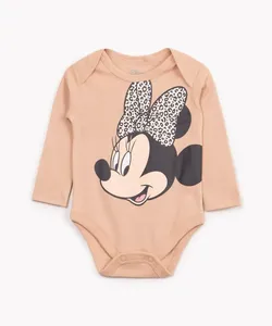 body infantil de algodão manga longa minnie mouse marrom 12-18