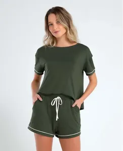 CONJUNTO PIJAMA BLUSA MANGA CURTA E SHORTS VERDE MILITAR ESCURO P