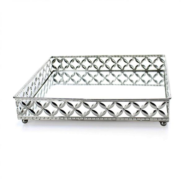 Bandeja Decorativa Quadrada G em Metal Prata com Espelho 5x25 cm - D'Rossi