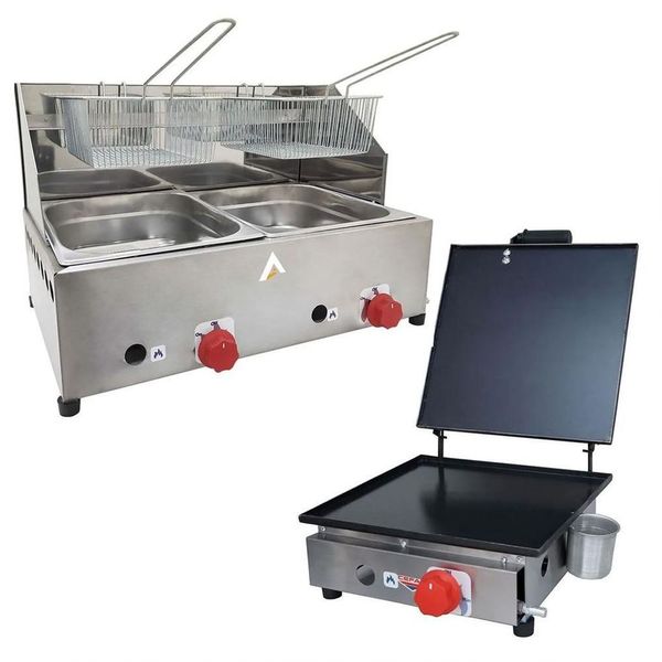 Kit Lanchonete Chapa 30cm Com Prensa E Fritadeira Profissional 2 Cubas Alcamar