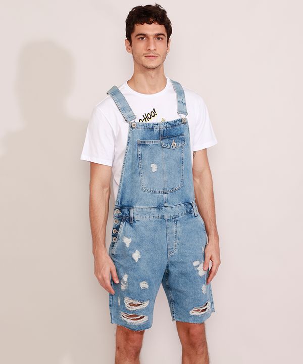 Macacão Curto Jeans Masculino Destroyed Marmorizado Azul Claro 42
