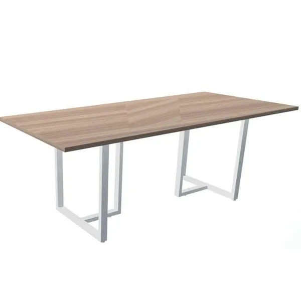 Mesa De Reunião Retangular 200 X 90 Cm Pé Tub Pe25 Em Mdp Noce Naturale Com Base Branca