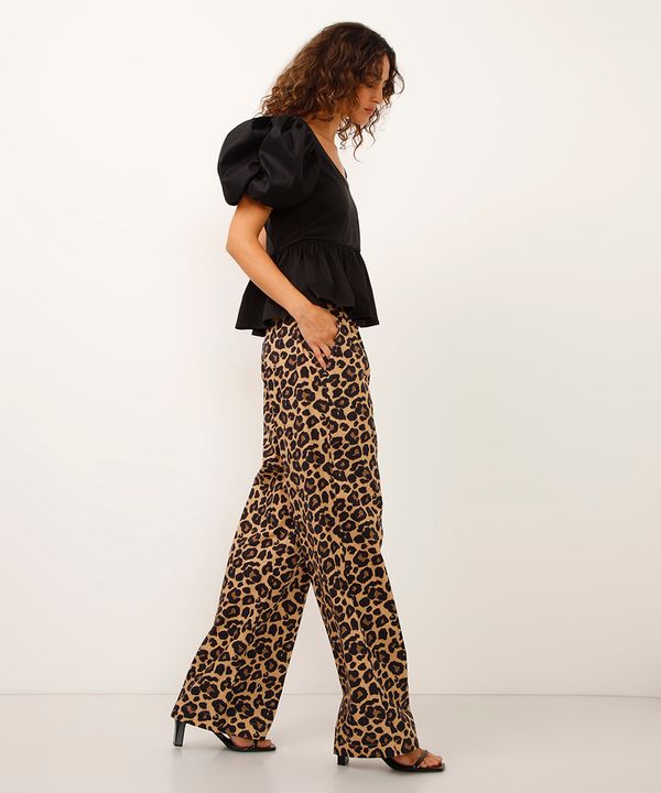 calça reta cós com cordão animal print bege GG