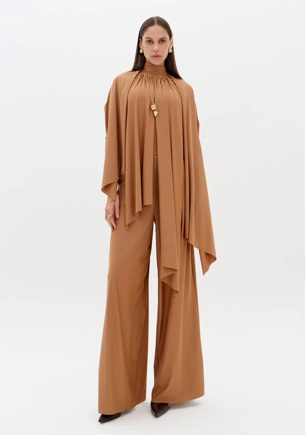 Calça Wide Leg Com Cintura Alta Bege P