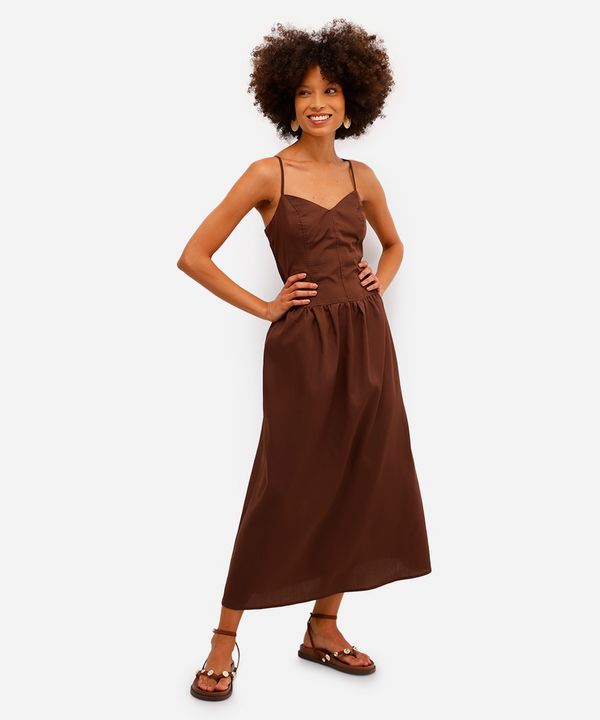 vestido feminino longo cintura alongada com alça fina - marrom M