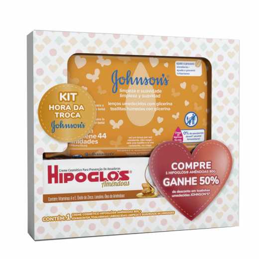Kit Creme Contra Assaduras Hipoglós Amêndoas 80g + Lenço Umedecido Johnsons Baby 44 Unidades