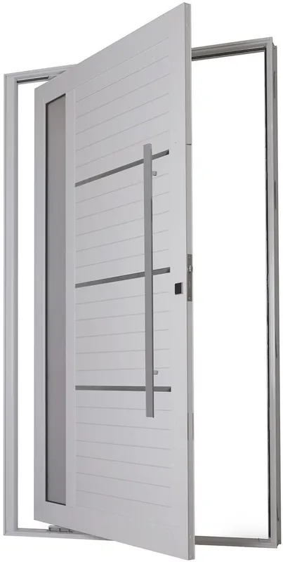 Porta de Alumínio Pivotante Machado Aluminio Lambri Plus 137084 215x105x45cm Vidro Mini Boreal Branca Esquerda Com Puxador 3 Frisos