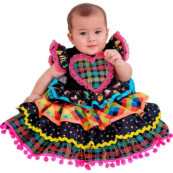 Vestido de Festa Junina Bebe Menina de Luxo Com Saia Rodada G / Preto