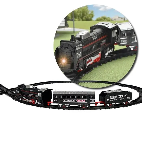 Conjunto de Trem Ferroviário de Brinquedo Modelo com 3 Vagões, 15 Trilhos, Som, Luz e Farol Dianteiro Preto Utimix Conjunto de Trem Ferroviário de Brinquedo com 3 Vagões, 15 Trilhos, Som e Luz Preto Utimix