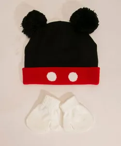 kit de gorro bebê de tricô mickey + luva preto Único