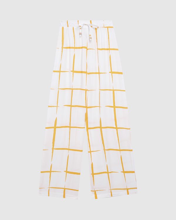 Calça Feminina Quadriculada Com Fenda Lateral Em Viscose Off White - M