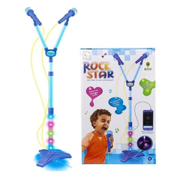 Microfone Duplo Infantil Luz E Som Conecta Celular Mp3 Azul