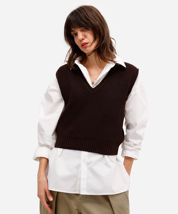 colete de tricot decote v marrom PP