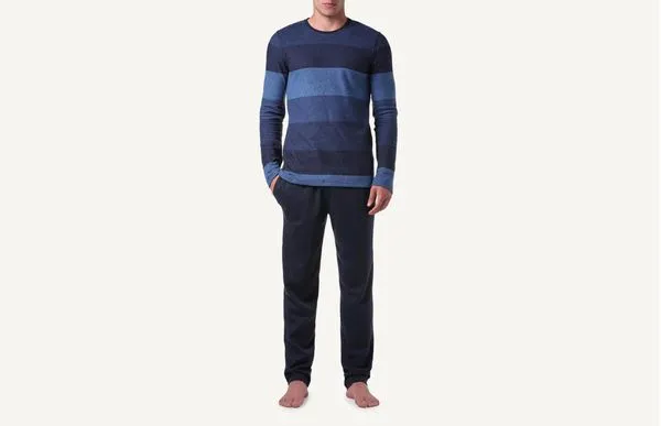 Pijama Comprido Às Riscas Esfumadas Jacquard - Azul EG
