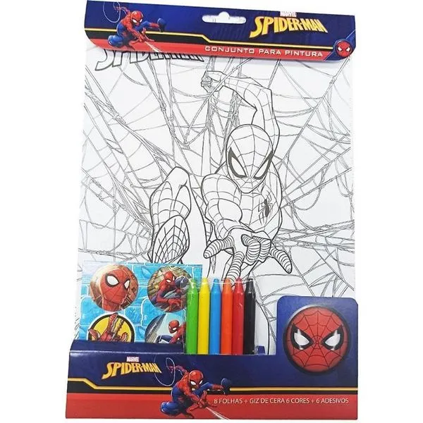 Kit de Pintura Spider-Man 20 Peças com Lápis de Cor Giz de Cera Pincéis e Folhas Temáticas 26x19cm Kit de Pintura Spider-Man 20 Peças Lápis Giz Pincéis e Folhas 26x19cm