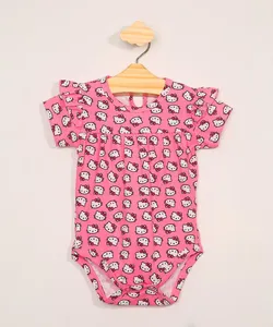 Body Infantil Manga Curta com Babado Estampado Hello Kitty Rosa 12-18