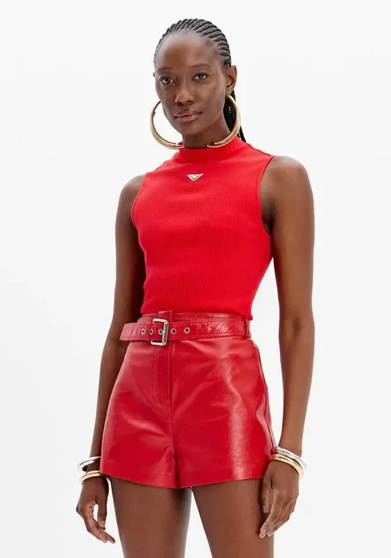 Blusa Canelada Gola Alta Com Enfeite Frontal Vermelho GG