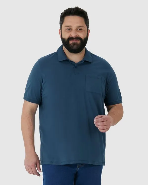 Camisa Polo Masculina Plus Size Com Bolso Funcional Em Algodão Azul - G1