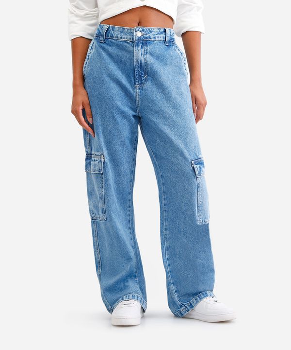 calça wide leg feminina jeans cargo azul 38