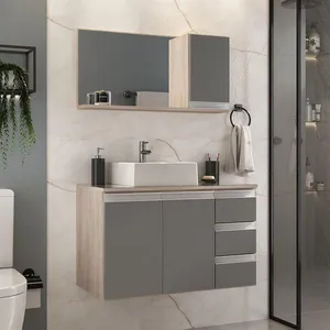 Conjunto Gabinete Banheiro Prisma 80cm Gabinete + Cuba + Espelheira Com Vidro Madeirado Cinza