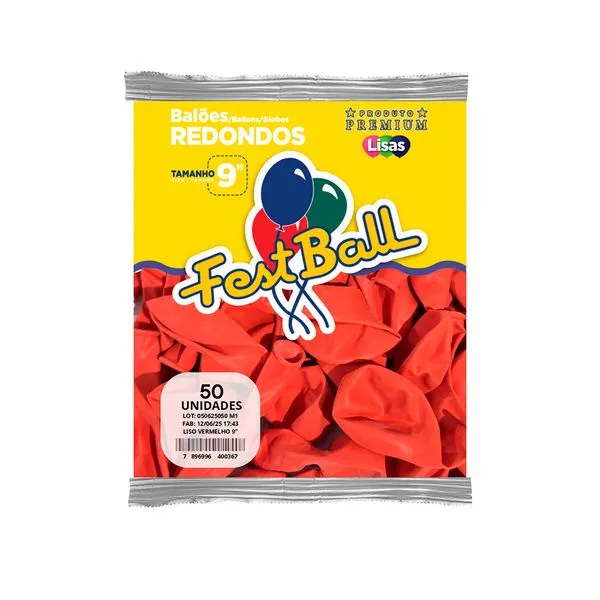 Balão Liso 9 Polegadas Vermelho 50 Unidades 191 - Festball