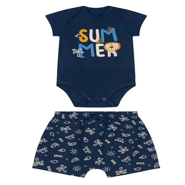Body Cotton + Bermuda Saruel Moletinho - Brandili - Azul - P - Brandili