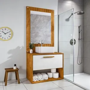 Conjunto Banheiro Naturalle com Gabinete Cuba e Espelho em MDP-MDF 60cm Branco de Casa Conjunto Banheiro Naturalle com Gabinete Cuba e Espelho MDP-MDF 60cm Branco de Casa