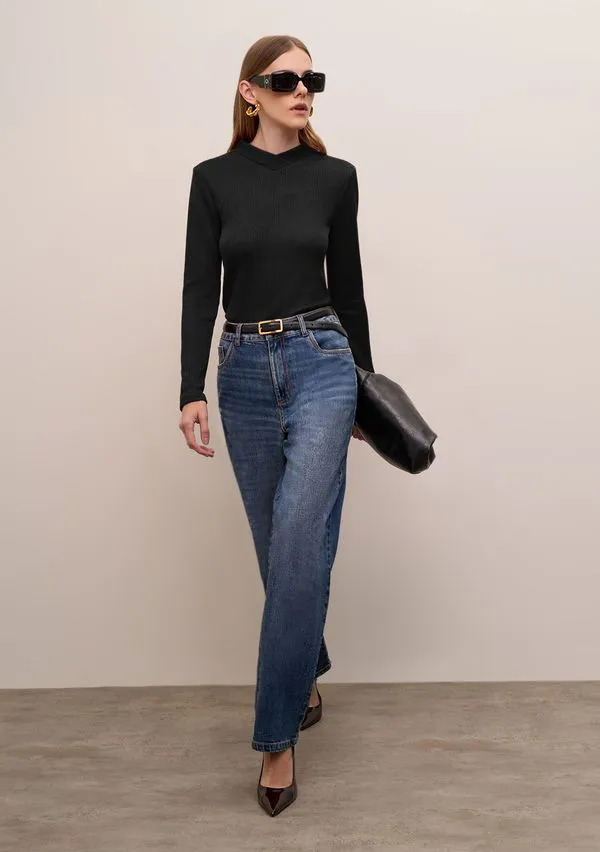 Blusa Iódice Ajustada Gola Alta Manga Longa Padrão Preto G