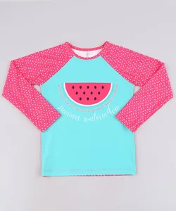 Blusa de Praia Infantil Raglan Estampado Melancia Manga Longa Rosa Escuro 6