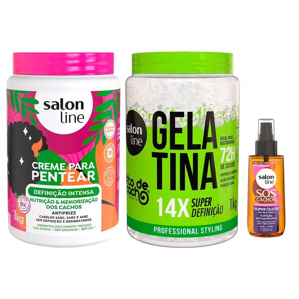 Kit Salon Line Creme Para Pentear Definição Intensa 1Kg + Gelatina #todecacho Super Definição 1kg + Óleo Capilar SOS Super óleos 100ml