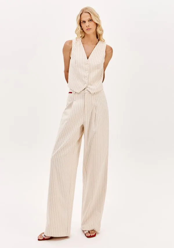 Calça Semiflare Com Cintura Alta Risca De Giz Bege G