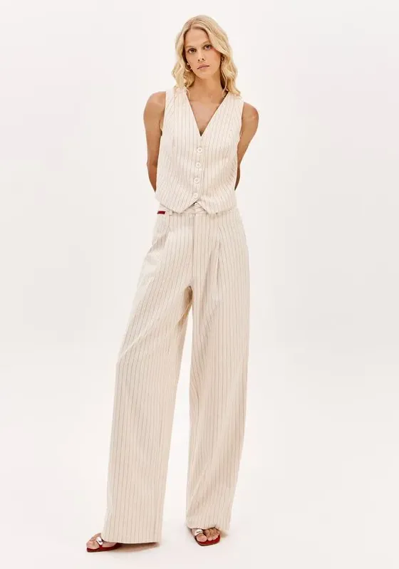 Calça Semiflare Com Cintura Alta Risca De Giz Bege G