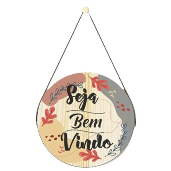 Placa Decorativa Redonda Seja Bem Vindo Alça em Corino 20x20cm JPL2130 - Nsw Decor