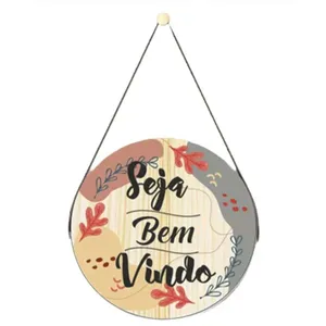 Placa Decorativa Redonda Seja Bem Vindo Alça em Corino 20x20cm JPL2130 - Nsw Decor