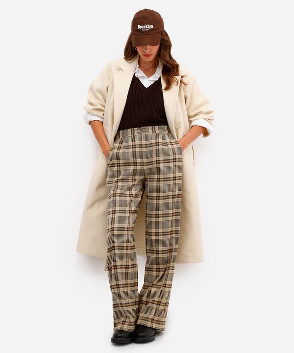 calça wide leg feminina xadrez cós elástico marrom 38