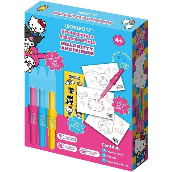 Kit de Pintura Hello Kitty com 3 Canetas Spray Efeito Aerógrafo e Estênceis Leonora Kit de Pintura Hello Kitty 3 Canetas Spray Efeito Aerógrafo Leonora