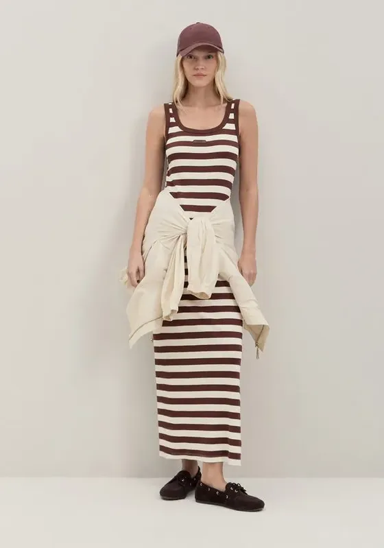 Vestido Midi Sem Manga Listrado Marrom G